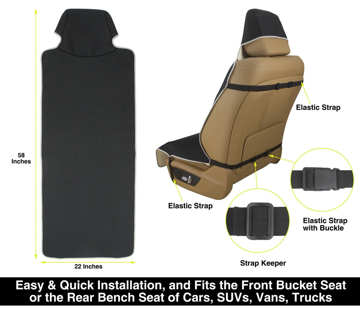 VSHIELD Waterproof Neoprene Car Seat Cover, Sweatproof Non-Slip Seat Protector, Universal Fit for Front Bucket or Rear Bench Seat of Cars, SUVs, Vans, Trucks, Compatible with Airbags and Armrests
