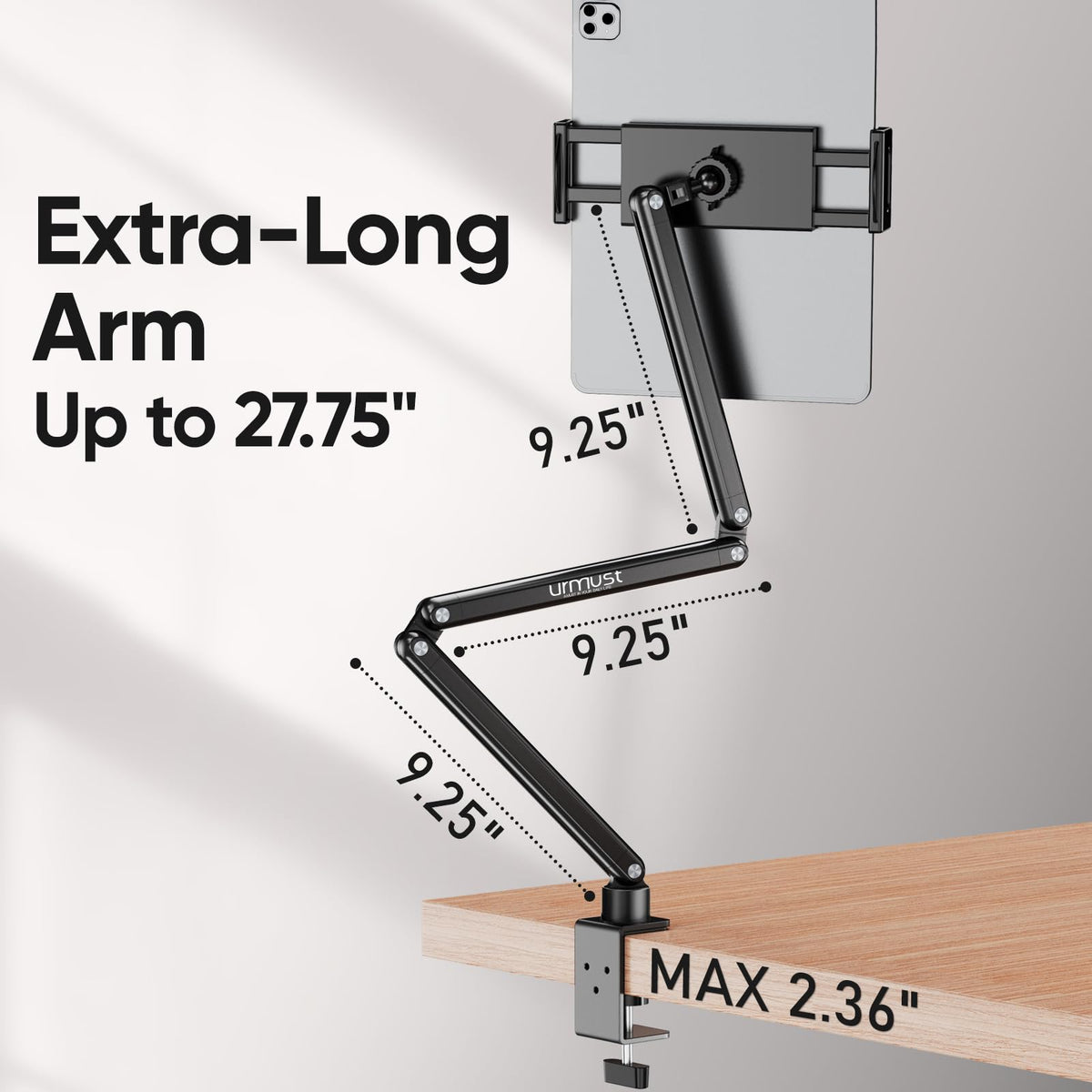 Urmust Tablet Stand for Desk, Adjustable iPad Holder for Bed, 360° Rotation, Sturdy Aluminum Tablet Arm Mount for 4.7"-15.6" iPad Pro/Air/Mini, iPhone, Galaxy Tab, for Kitchen, Work, Video Call