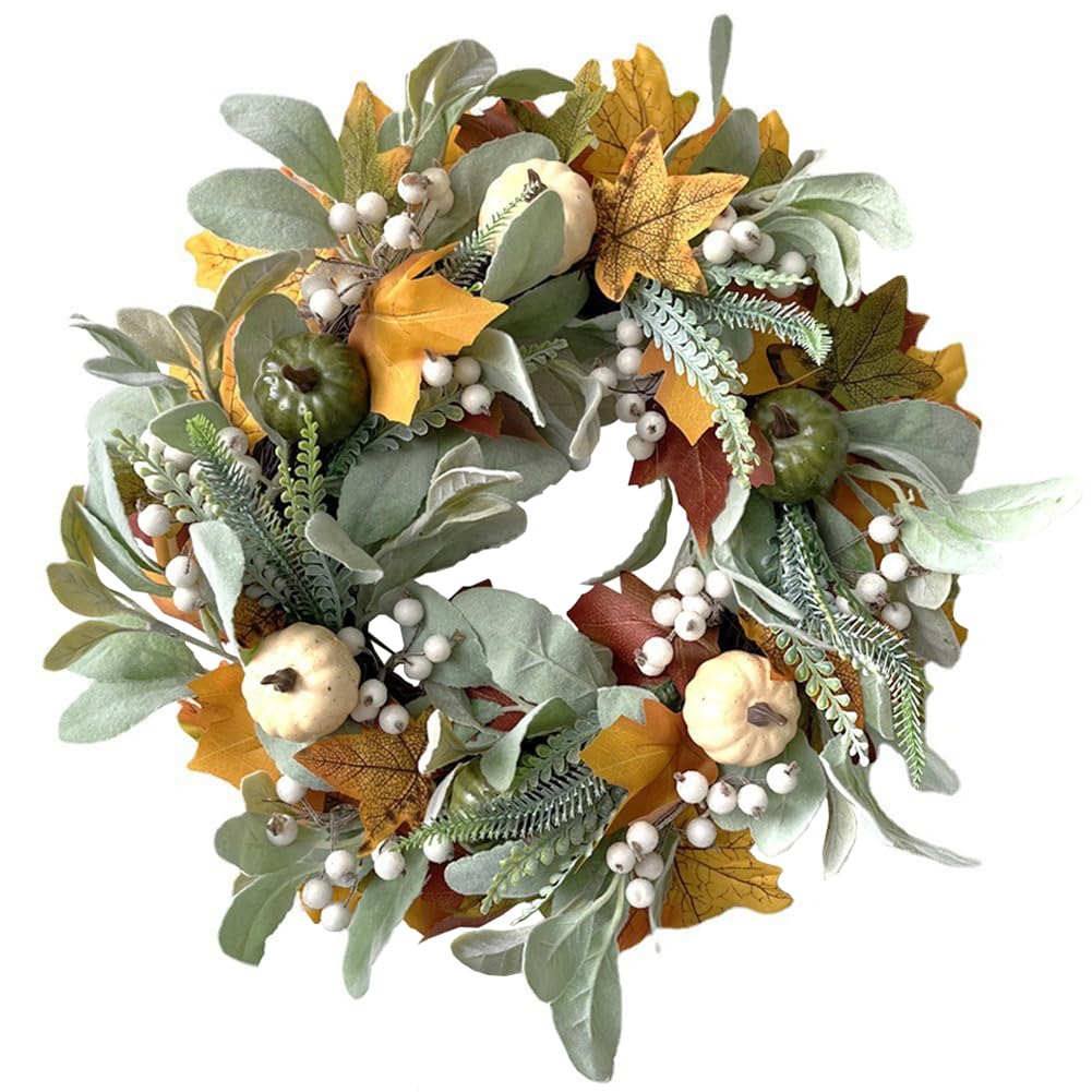 15 Inches Pumpkin Fall Wreath Artificial Wildflower with Berries for Halloween Thanksgiving Christmas Farmhouse Fall Décor