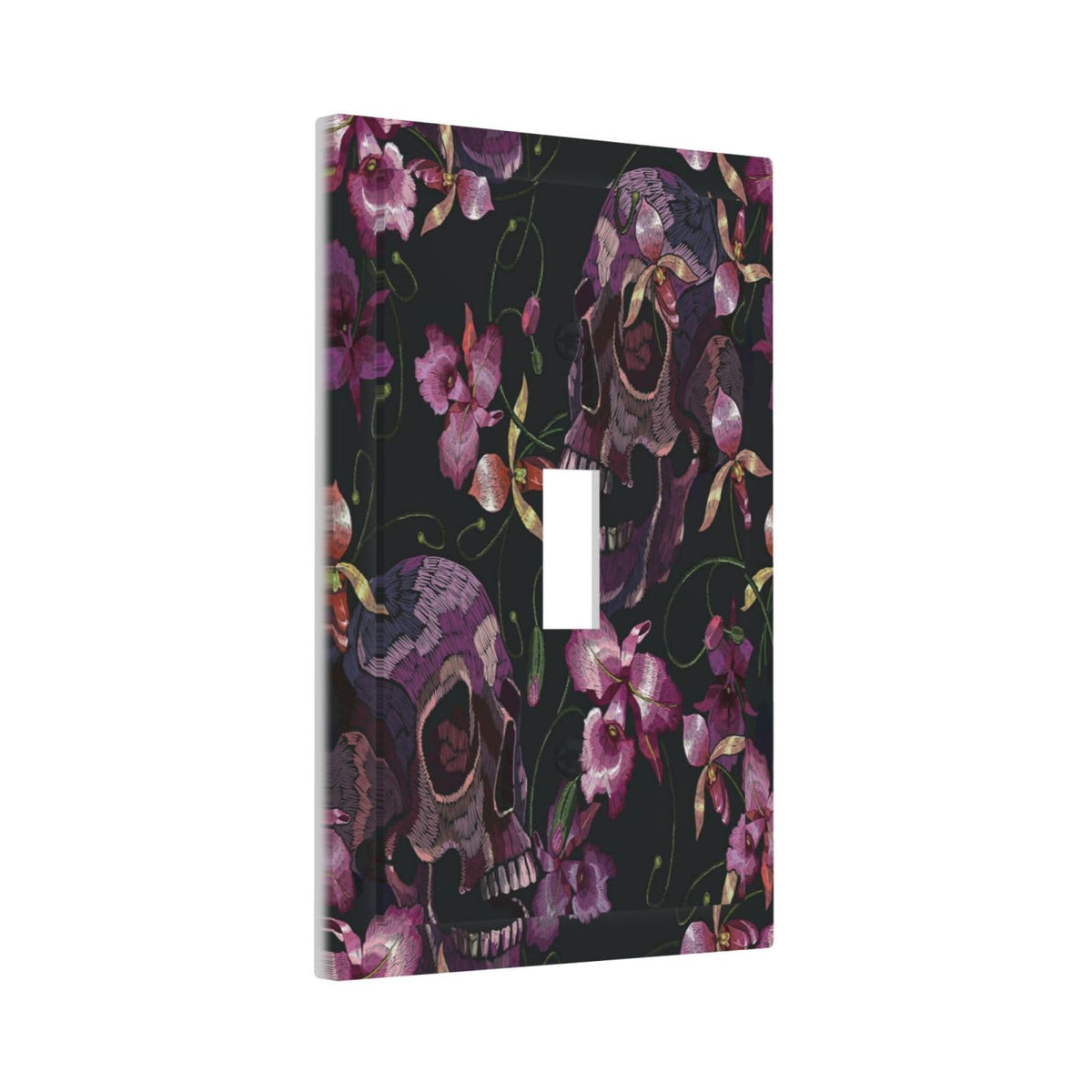 Gothic Purple Skull 1 Gang Light Switch Plate Single Toggle Wall Plate Cover Electrical Switchplate Faceplate Spooky Skeleton Goth Retro Flower Floral Halloween Plant Leaves Botanical Scary Room Decor