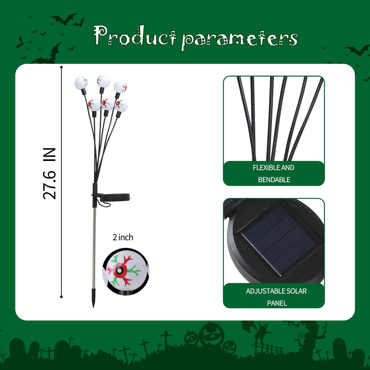 MOUOUSO Solar Halloween Lights，2 Pack Outdoor Halloween Decorations Lights, 12LED Green Eyeball Swaying Lamps for Garden Decor, Yard, Lawn, Party Decorations