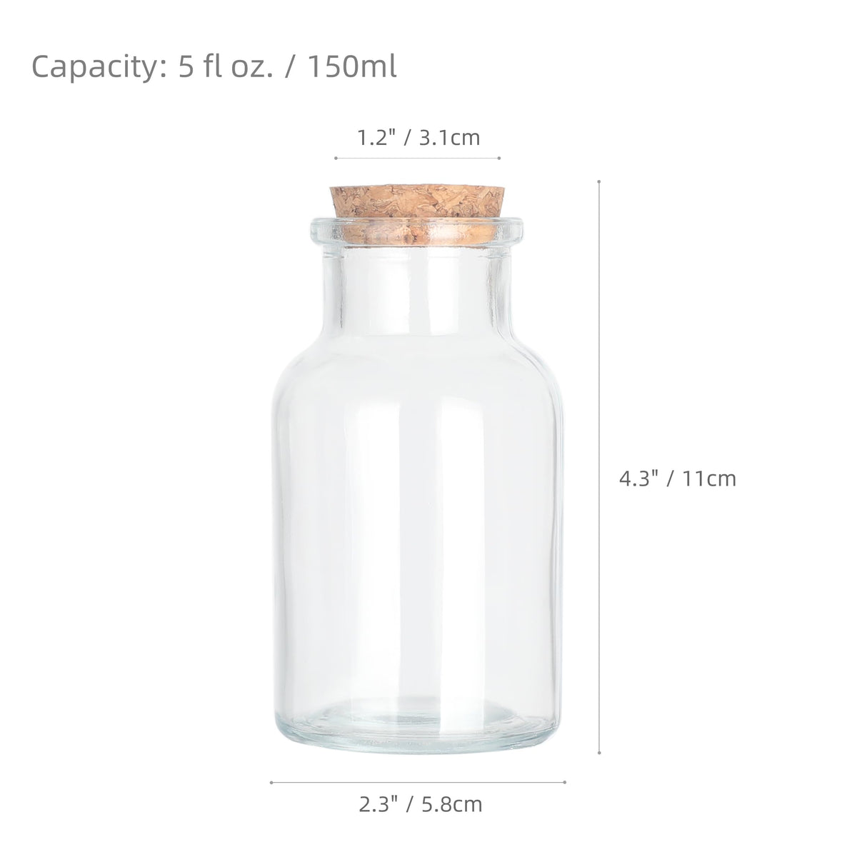Magic Season Decorative Glass Bottles with Cork Stoppers (5 fl oz. Wide Mouth Round Bottles/Set of 6)