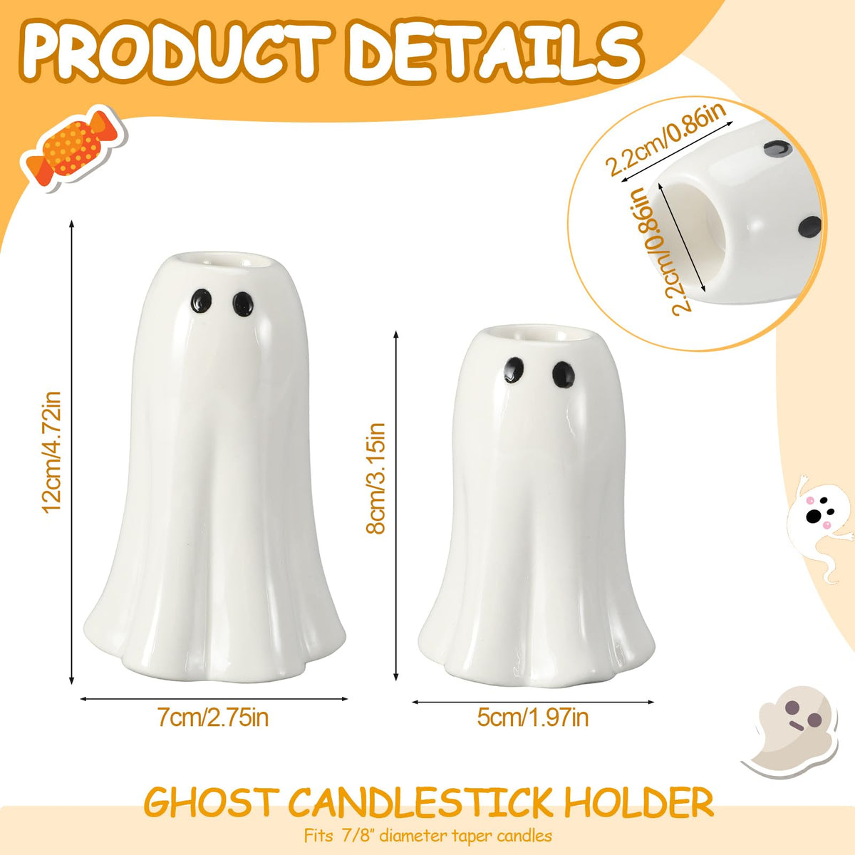 Reallnaive 2 Pcs Halloween Ghost Candlestick Holders Cute Ghost Shape Candle Stick Holders Ceramic Taper Candleholder for Holiday Wedding Party Home Decorative Table Centerpiece Not Included Candle
