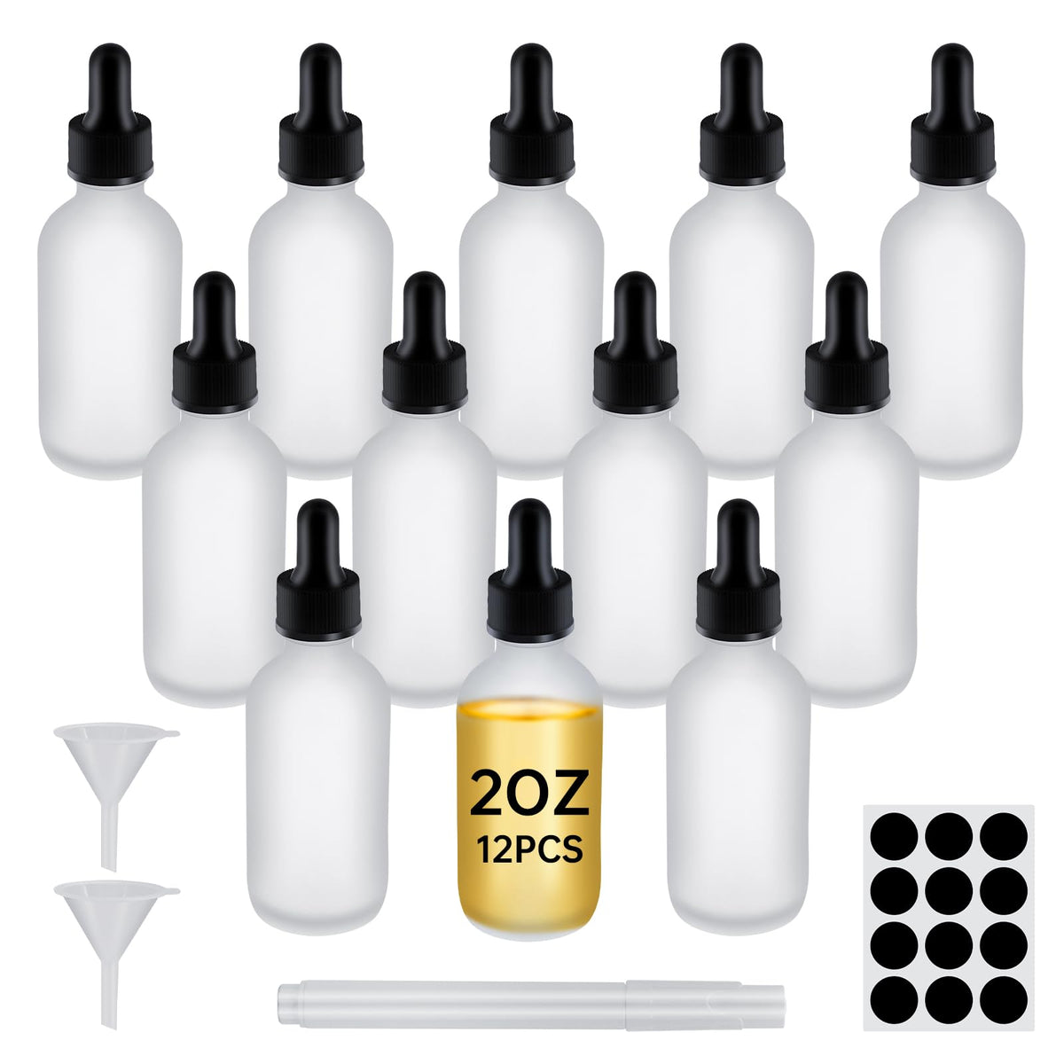 REUJIHXY 12Pcs 2 oz Clear Frosted Glass Dropper Bottle 60ml, Tincture Bottles with Glass Dropper, for Essential Oils, Aromatherapy, Cosmetic, Laboratory, Pharmacy, Liquids, Travel (12)