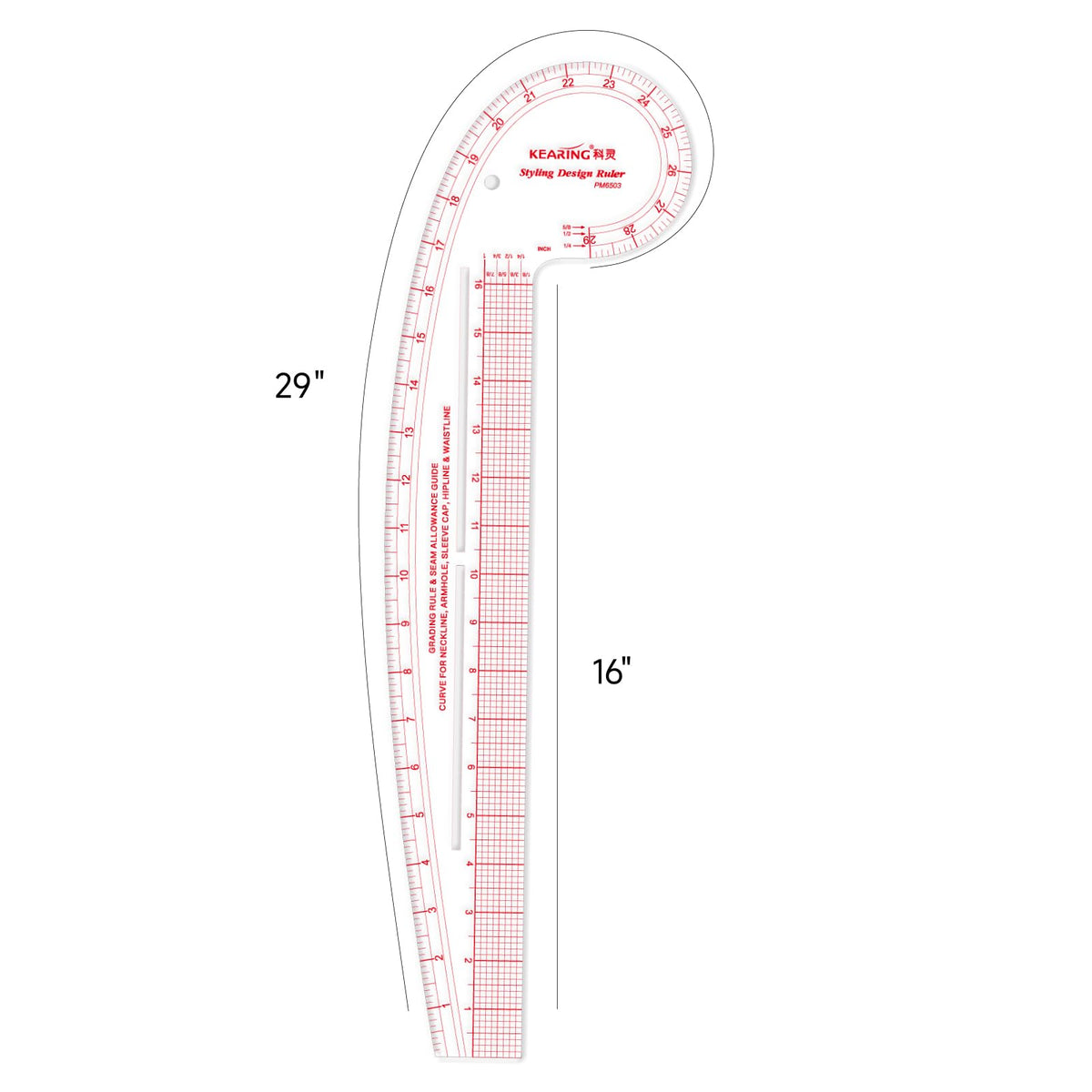 KEARING 29" Curve & 16" Straight Styling Design Marking Ruler, Clear Acrylic Hip French Curve Ruler Vary Form Curve Ruler for Sewing Pattern Making, 4 Rulers in 1 Transparent Fashion Designer's Ruler