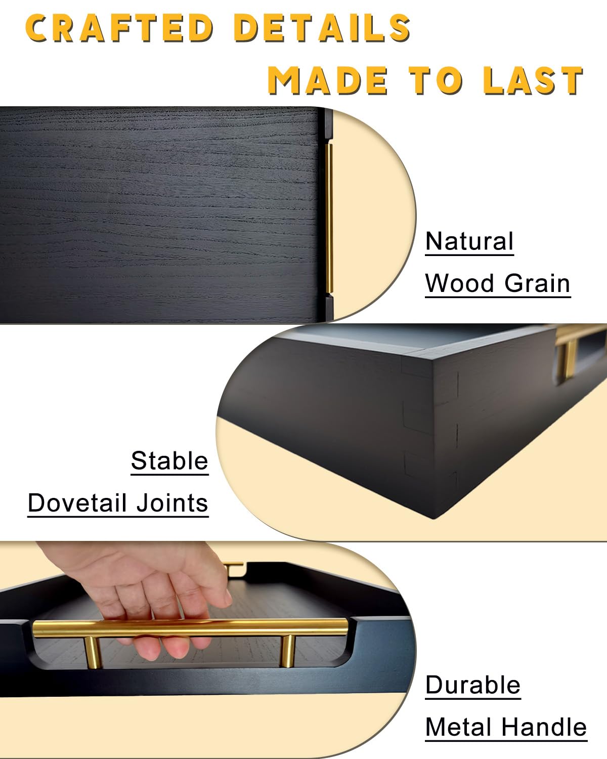 OurMiao 22" x 15.75" Black Wooden Serving Tray with Gold Metal Handles, Large Rectangular Wood Ottoman Tray for Living Room, Coffee Table, Kitchen & Entertaining