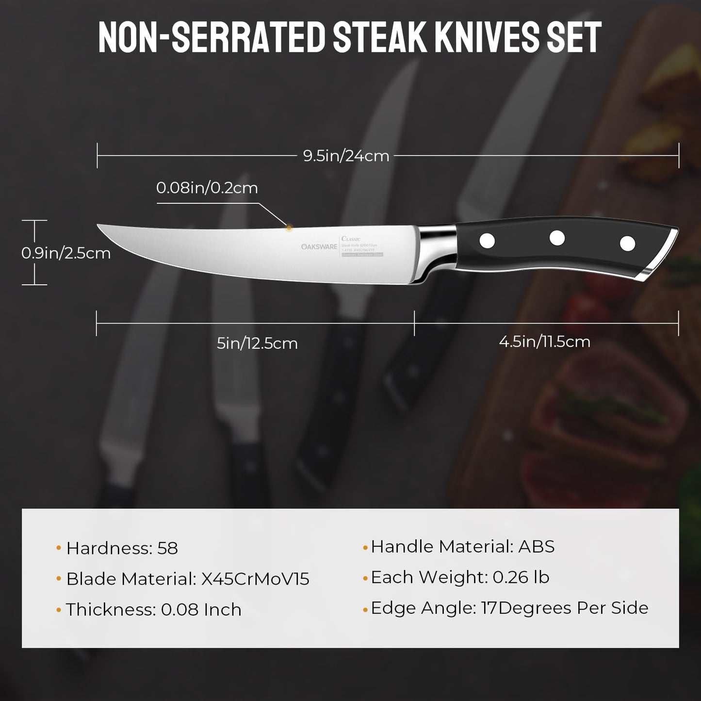 OAKSWARE Steak Knives, Non Serrated Steak Knife Set of 4, German Steel Steak Knife Set 5 Inch, 4 Pieces Professional Straight Edge Knives - Full Tang Ergonomic Handle