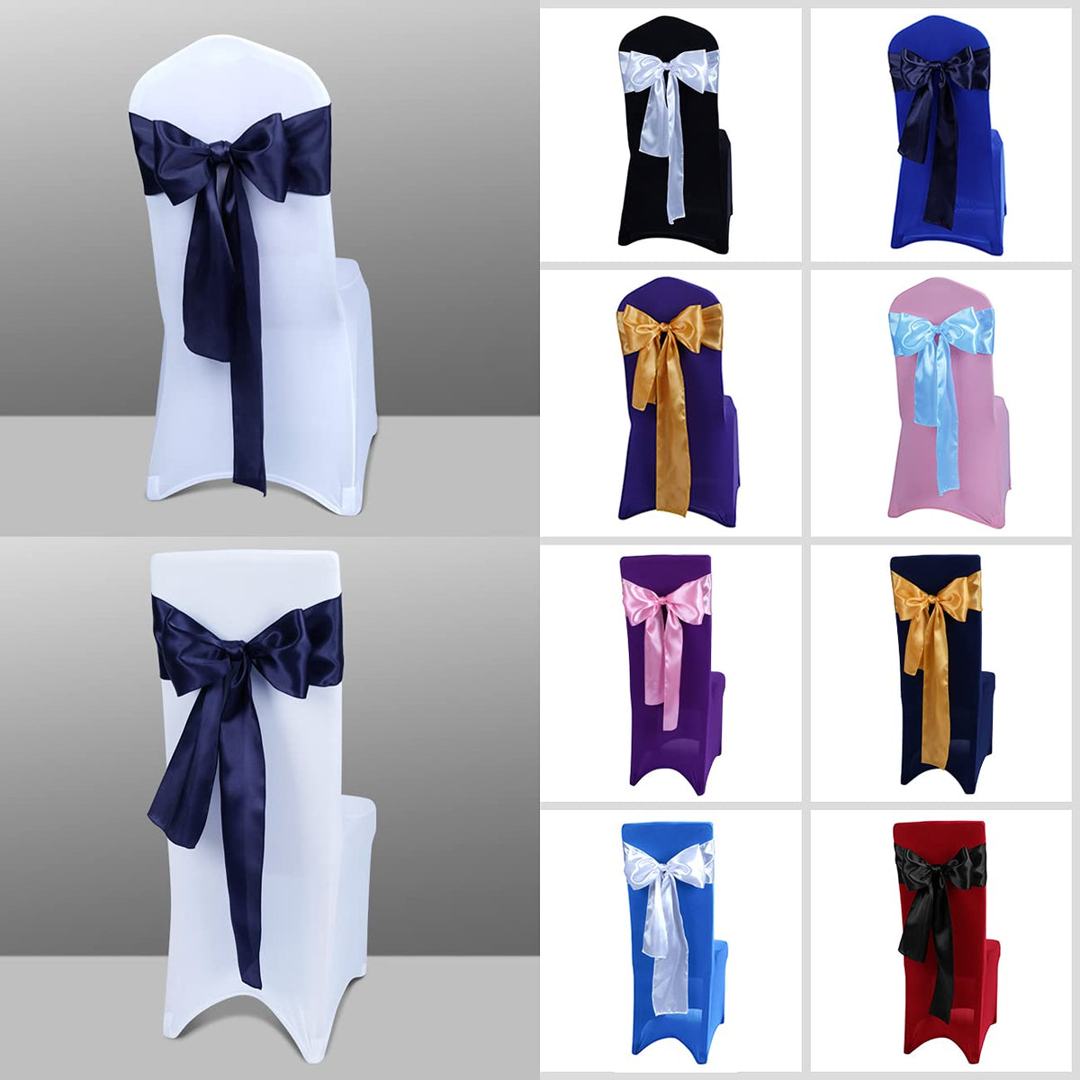 Satin Chair Sashes Ties - Babenest Upgraded 50 pcs Chair Ribbons Bows for Wedding Banquet Party Christmas Baby Shower Events Decoration (Navy Blue)
