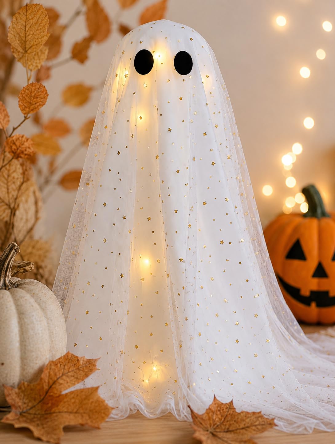 Halloween Decorations Ghost and Witch Broom Set, Lighted Halloween Fall Decor for Mantel, Shelf, Fireplace, Entryway, Tabletop Display, Cute Spooky Indoor Home Decor