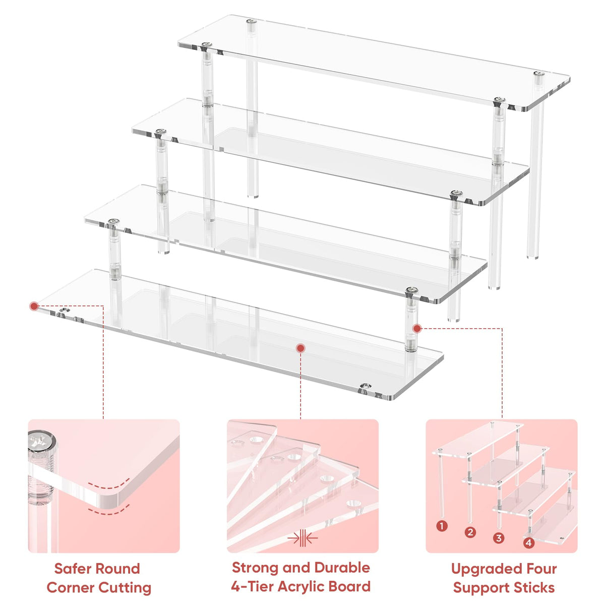 4 Tier Acrylic Display Risers, Clear Perfume Organizer Stand, Large Cupcake Stand Holder, Dessert Display for Party, Display Shelf for Figure and Collection, Riser Stand for Decoration and Organizer