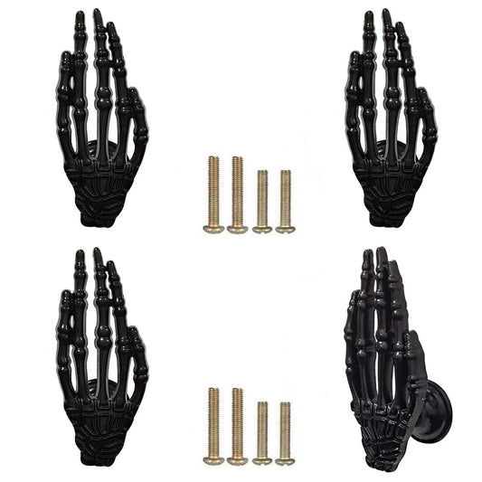 Hetyskluy 4 Pcs Black Skeleton Hand Knobs for Cabinet Drawers, Vintage Zinc Alloy Skull Knob Pulls for Dresser Wardrobes Furniture Decorative Hardware Accessories, Single Hole Handle (Black)