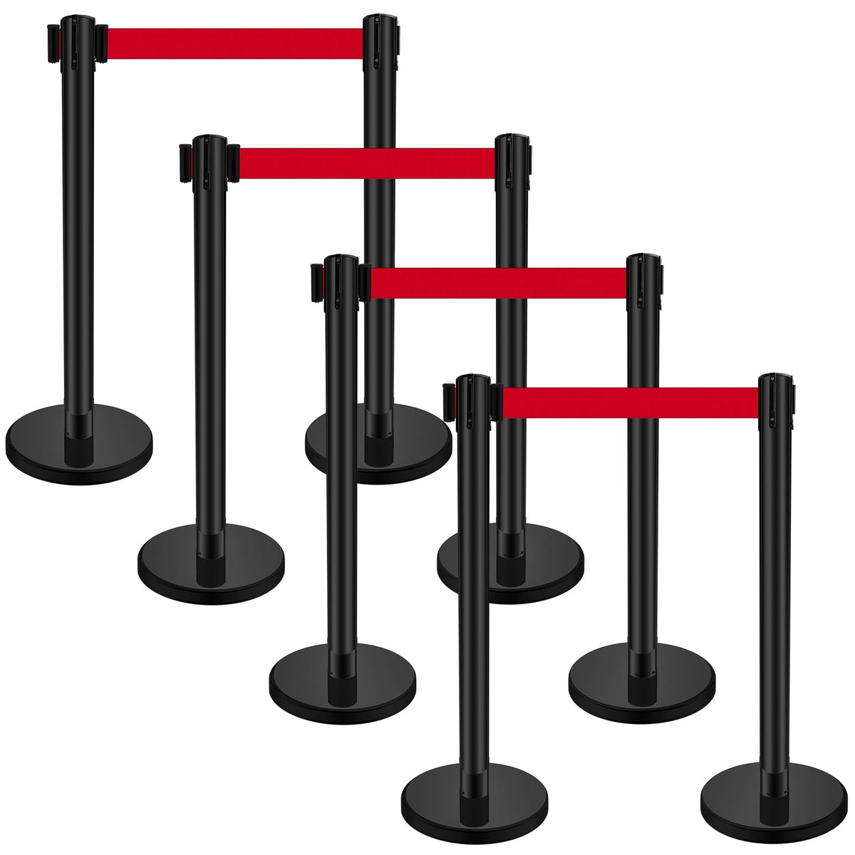 Ferraycle 4 Sets Stanchions with Retractable Belts in 6.6 ft Stainless Steel Crowd Control Stanchion Retractable Belt Barrier Line Dividers for Crowds Queue Line Pole, Easy Assembly (Red Belt)