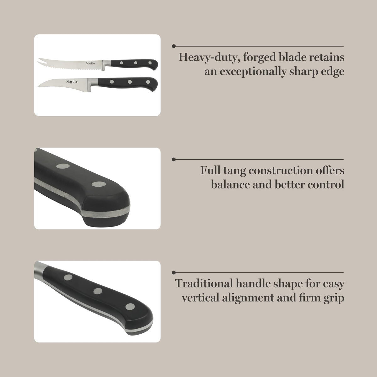 Martha Stewart Carverton 2 Piece Set 5" Tomato Knife and 3" Bird's Beak Knife Set, High Carbon Stainless Steel Kitchen Knives w/Black Triple Riveted Handle