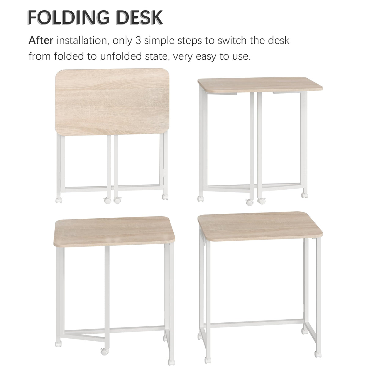 4NM 23.6" Mobile Small Rolling Computer Desk, Folding Laptop Cart Table with Wheels, Portable Office Desk for Small Space Couch Bed - Natural and White