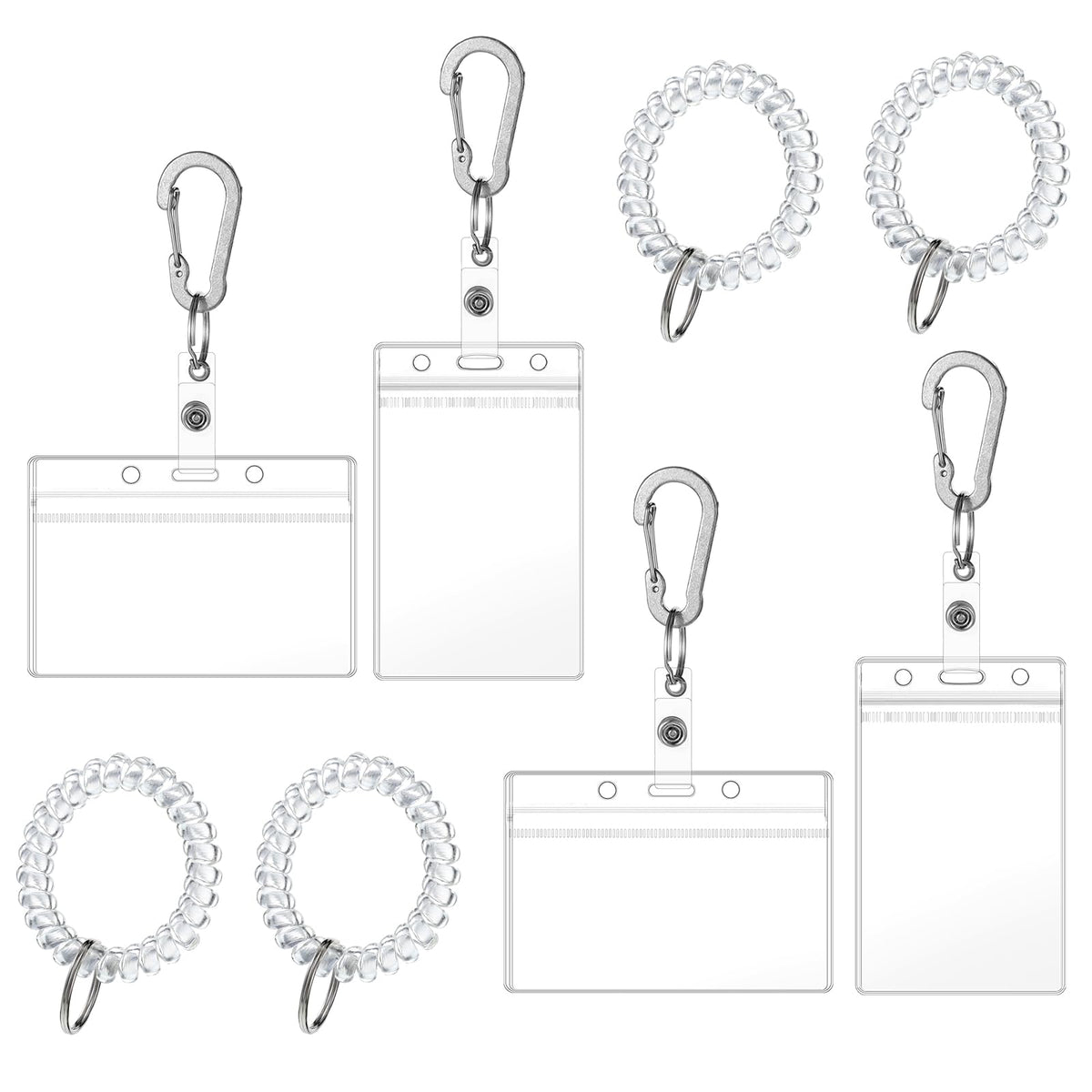 4PCS ID Holder Keychain with Stretchable Spiral Wristband and Carabiner Clip, Transparent Card Holder Keychain, Retractable Wrist Coil ID Badge Holders for Gym Sports Camping Women Men