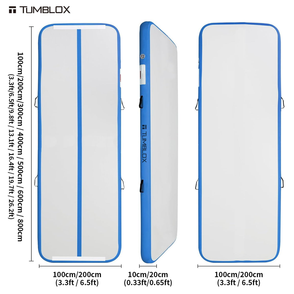 TUMBLOX Air Gymnastics Mat Inflatable & Tumbling Mat – 4/8 Inches Thick with Electric Pump + Free Foot Pump – Ideal for Home, Gym, Water, and Beach Use (Blue, 10ft*3.3ft*4in(3 * 1 * 0.1m)