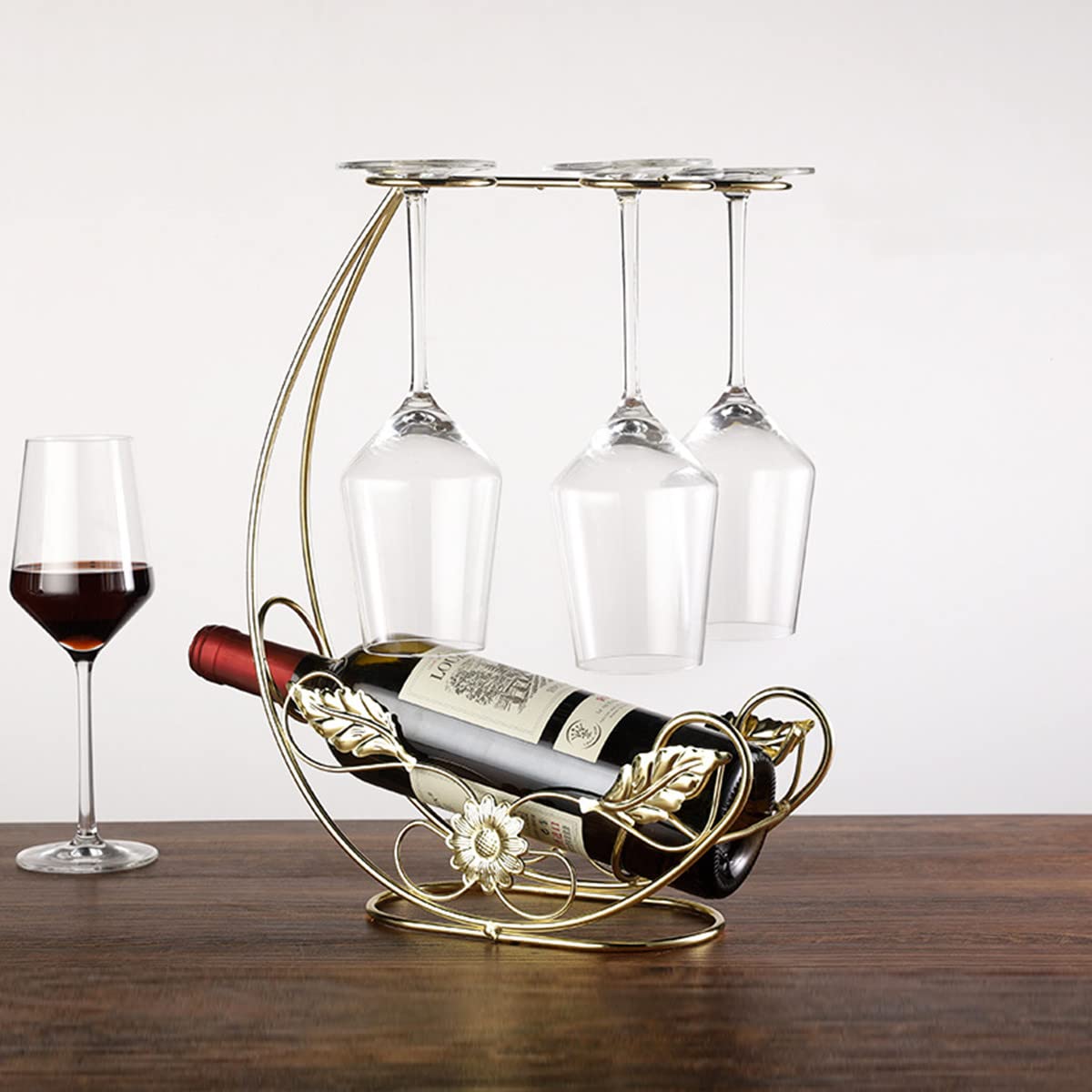 Homya Tabletop Wine Rack, Holds 4 Wine Glasses + 1 Bottle, Gold