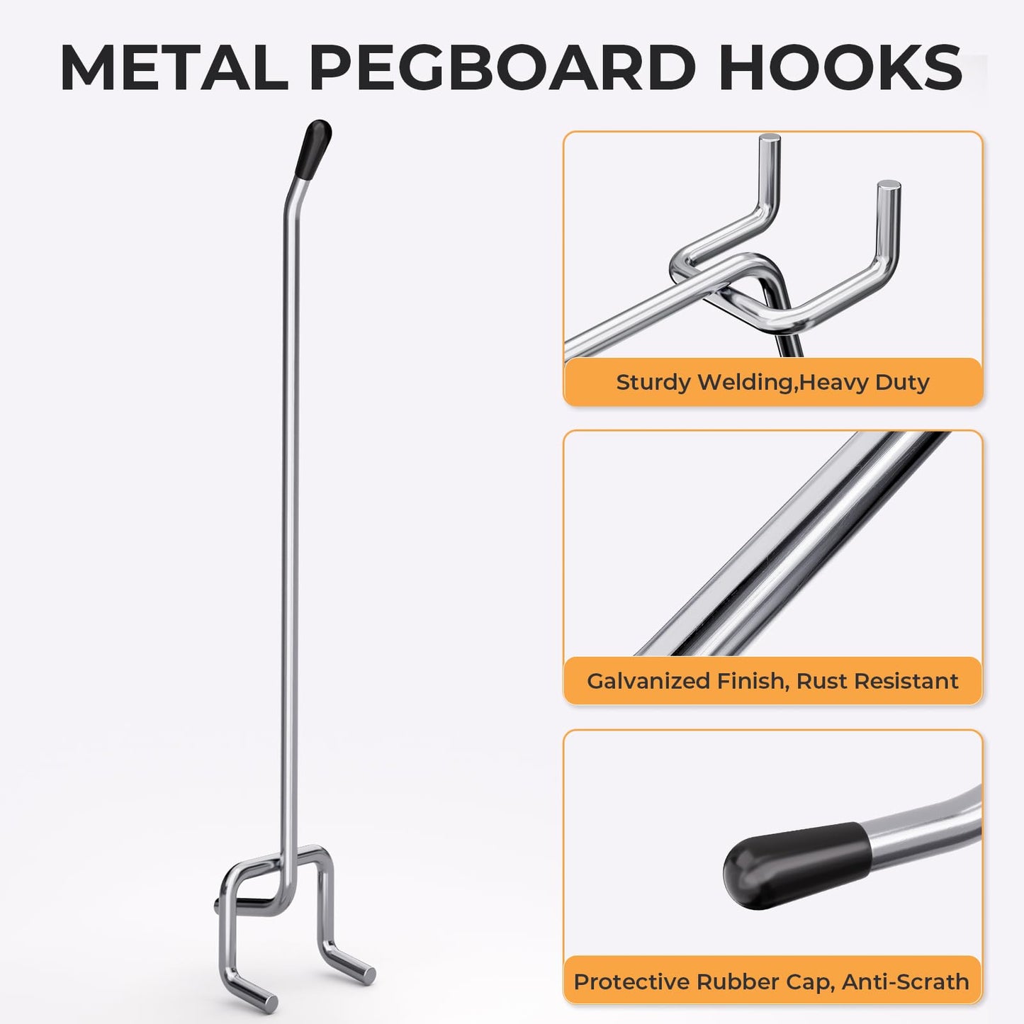 INCLY 50 Pack Pegboard Hooks, 6 Inch Metal Peg Board Shelving Hooks Accessories, Peg Board Tool Hangers Fit for 1/8“ and 1/4" Pegboard Hanging Tools for Garage, Craft Room, Kitchen, Store