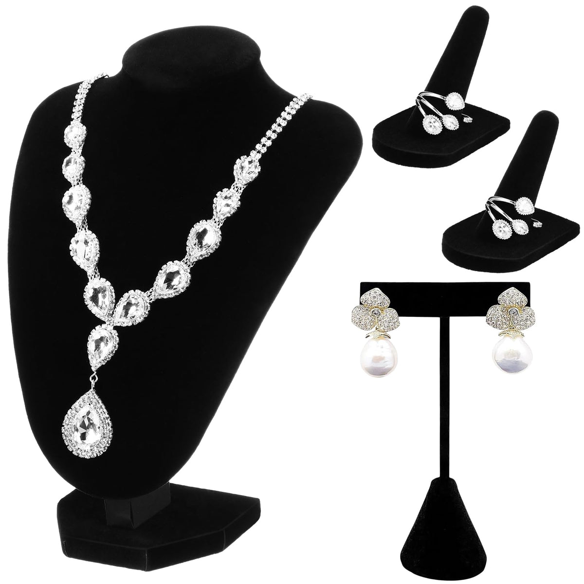 Wenqik 3 Pcs Velvet Jewelry Display Set Velvet Necklace Bust Holder T Shape Earring Stand Ring Finger Jewelry Holder, Black