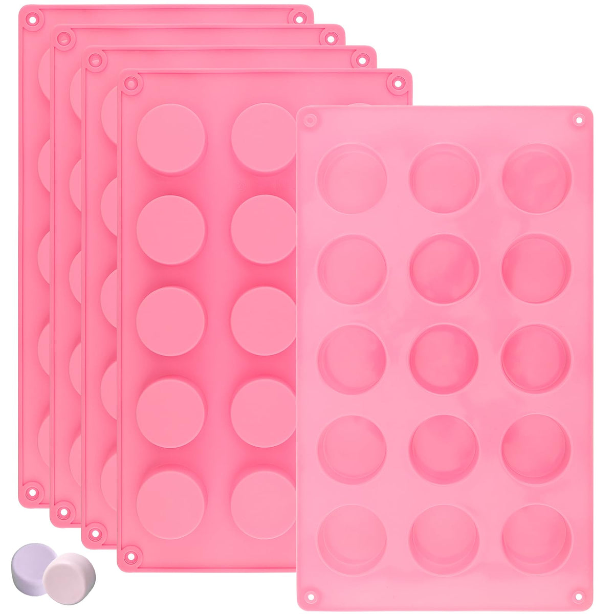 ZOENHOU 5 Pack 15 Cavity Round Silicone Soap Molds, Pink Cylinder Silicone Soap Mold for Soap Making Loaf DIY Handmade Craft, Bath Bombs, Chocolate