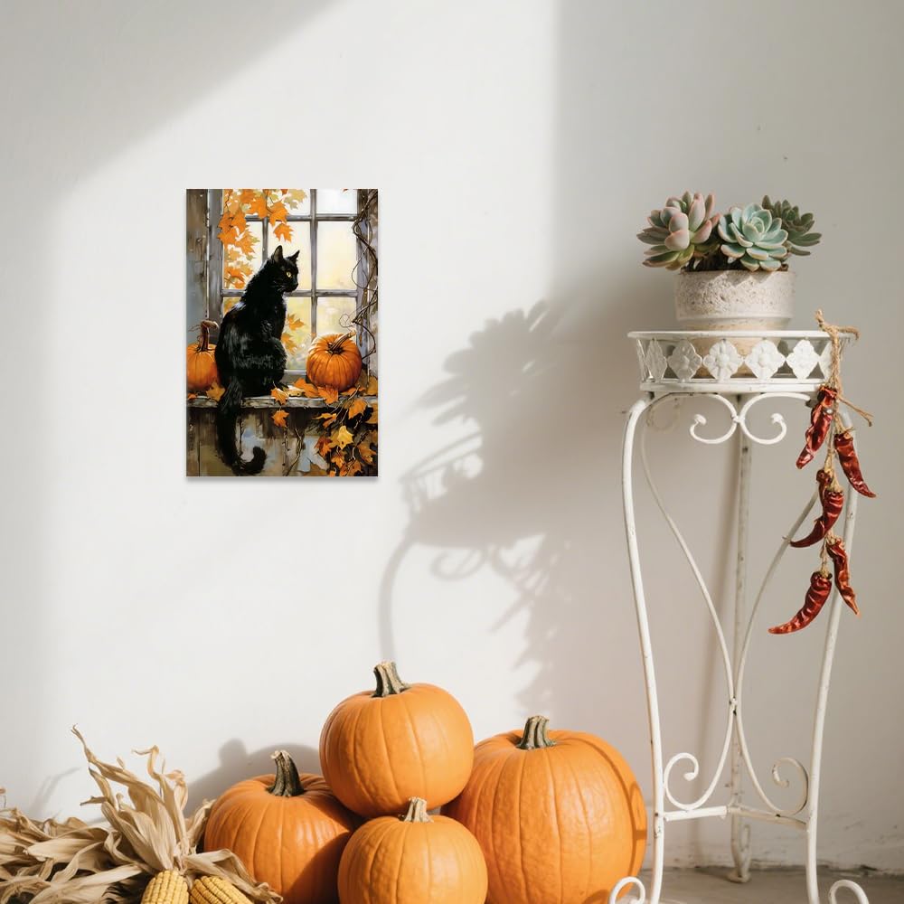 CCWORKERRY Black Cat and Pumpkin Wall Art Framed Autumn Animal Canvas Prints Halloween Thanksgiving Day Pictures Fall Farmhouse Decor(Orange,12" x 18")