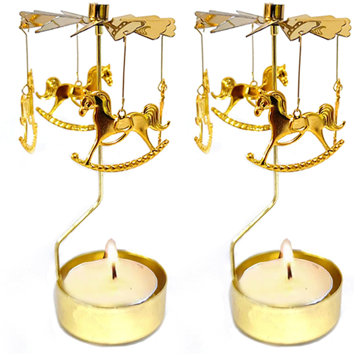 COMZPLIFE Carousel Spinning Tea Light Candle Holder, Gold Metal Rotary Candle Holder for Birthday, Wedding, Anniversary, Party, Table Decoration, Home Decor(2Pcs)