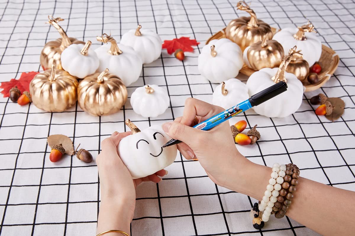 Artmag 16 Pcs Assorted Fall Artificial Pumpkins Harvest White Faux Pumpkins and Gold Plating Pumpkins for Halloween Fall Thanksgiving Decorating Displaying