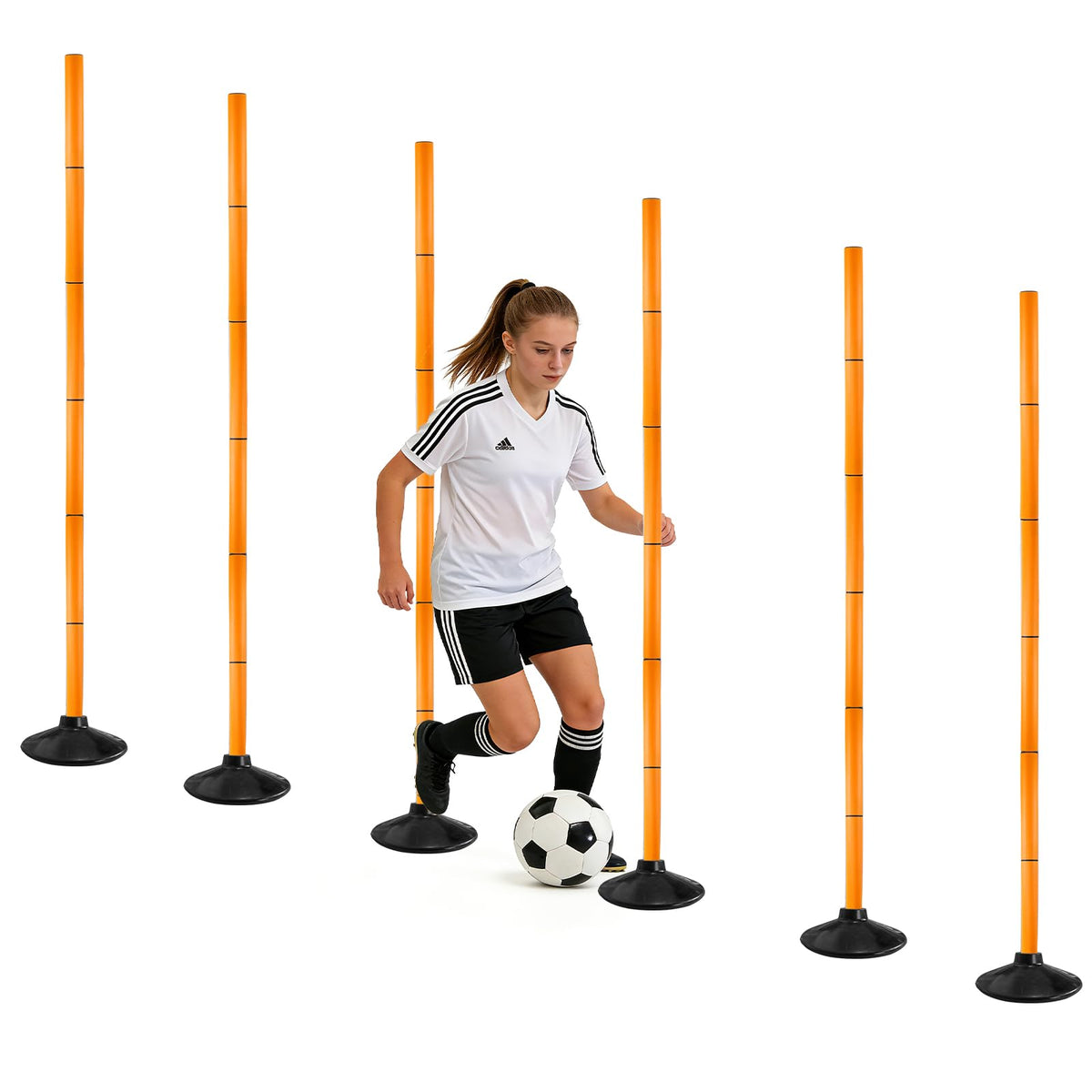 TOMAIX 6 FT Agility Poles 6-Pack with Adjustable Height and Detachable Rubber Bases, Speed Training Poles for Soccer, Basketball, Footwork Drills and Pet Training (Orange)