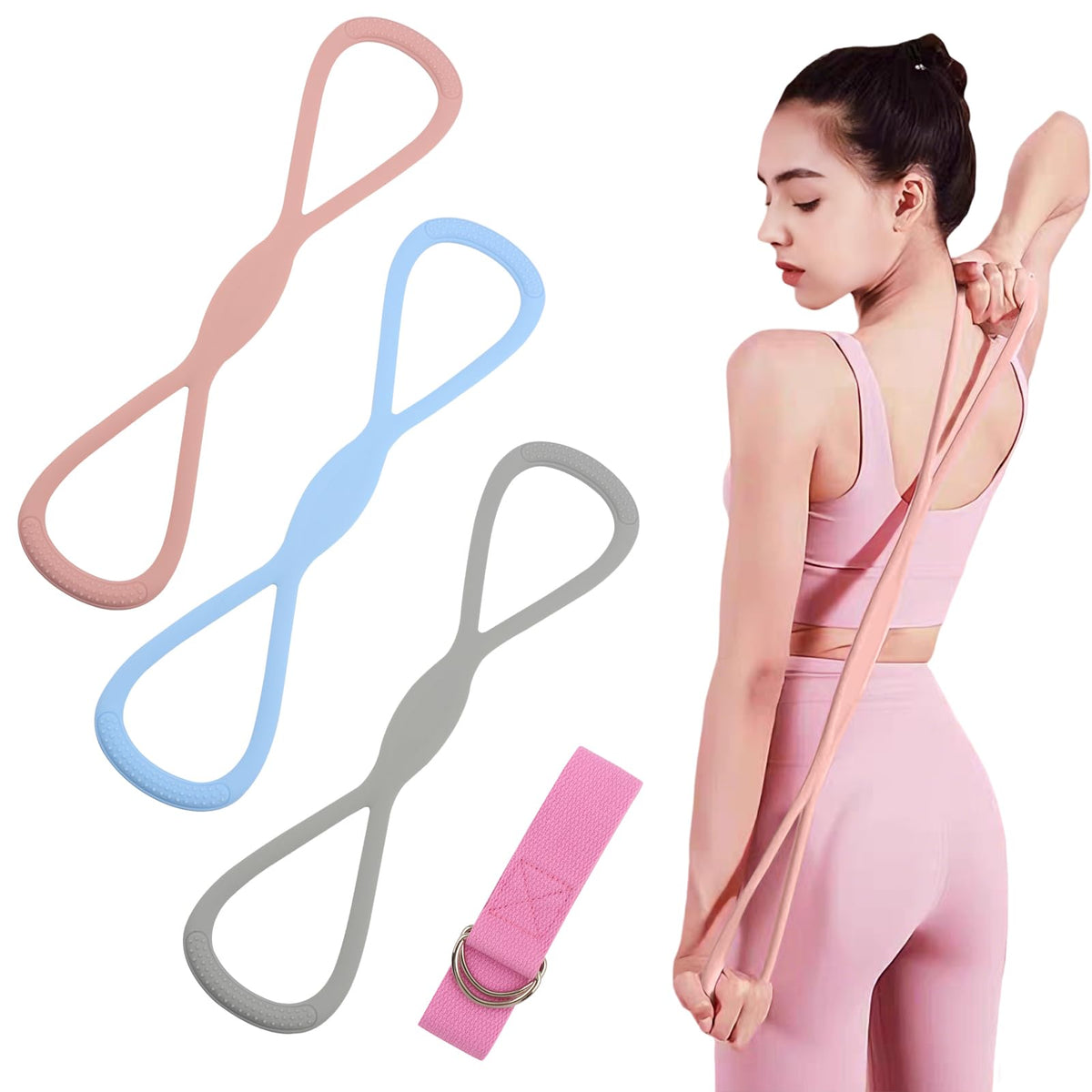 Figure 8 Resistance Bands Set of 3 (15/25/35lb),Silicone Exercise Bands with Handles for Women Men, Workout Bands for Shoulder, Posture Correction, Home Gym Yoga Exercise Equipment