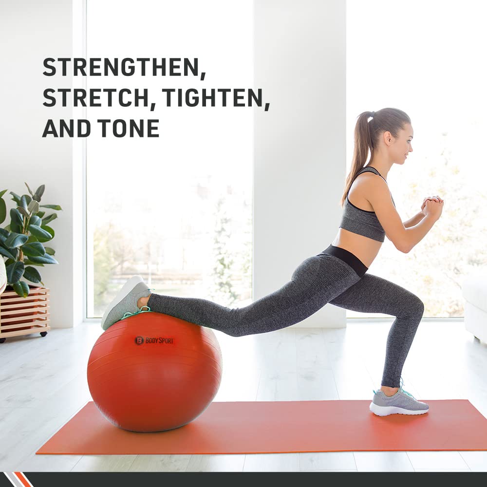 Body Sport Exercise Ball with Pump for Home, Gym, Balance, Stability, Pilates, Core Strength, Stretching, Yoga, Fitness Facilities, Desk Chairs – Yellow 65cm