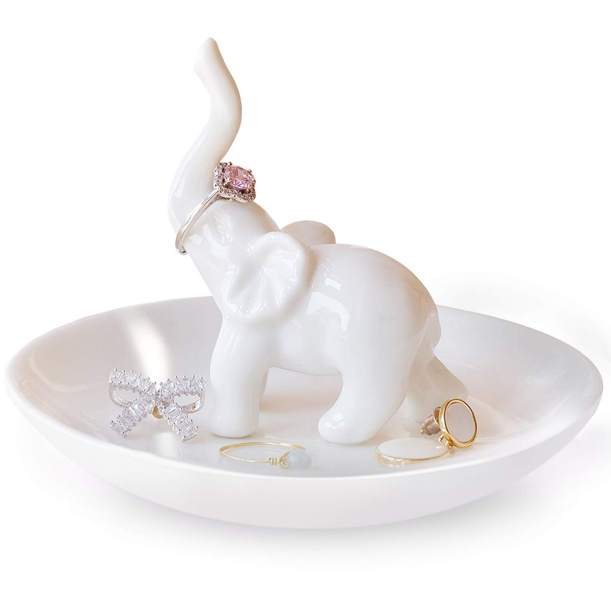 PUDDING CABIN White Elephant Ring Holder Dish Ring Tray for Jewelry | Elephant Gifts for Women Christmas, Birthday, Mother's Day