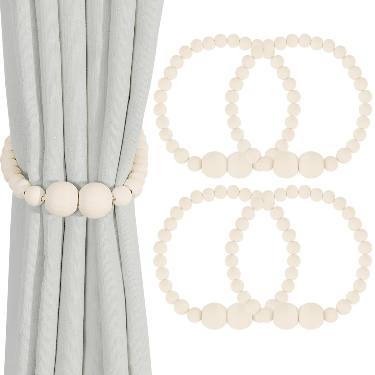 KLOGTSIND Magnetic Curtain Tiebacks, 4 Pack Curtain Holdbacks for Draperies, Wood Bead Curtain Tiebacks, Elegant Curtain Tie Backs for Bedroom Decor, Boho Room Decor, Nursery Decor, Farmhouse Decor