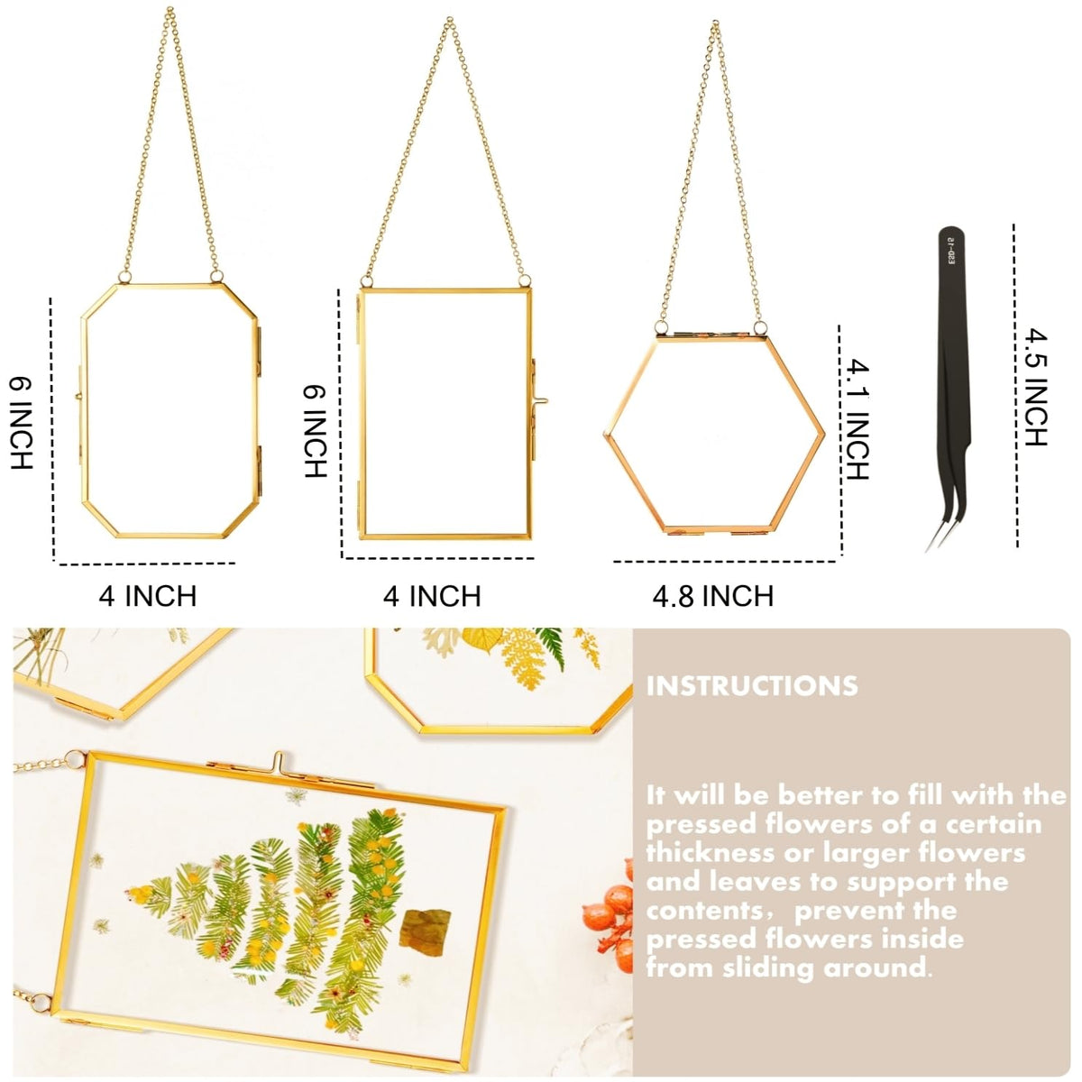 IcosaMro 3 Pack Double Glass Frame for Pressed Flowers 4"x 6" Adult Craft Kits with Brass Glass Frames & 4 Sheets Pressed Flower, Window Hanging Wall Decor Frame for Dried Flowers Leaves Plants