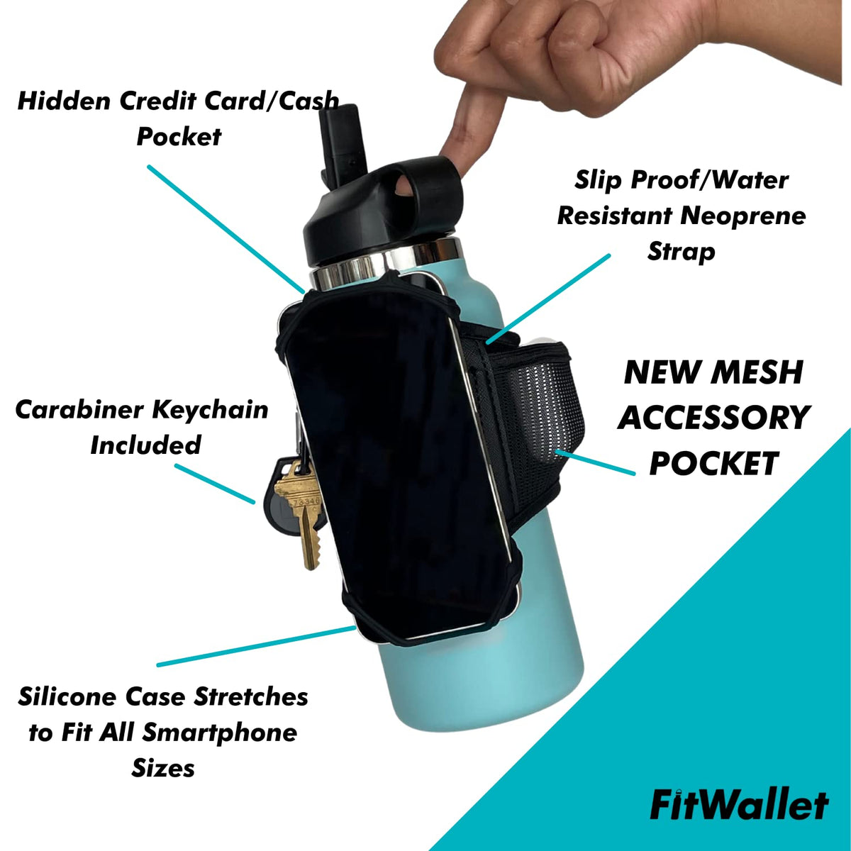 FitWallet™ Water Bottle Phone Holder & Sleeve | Strap Carrier & Pouch for Gym, Running, Hiking, Travel | Gym Bag Alternative Holds Phone, Keys & Accessories