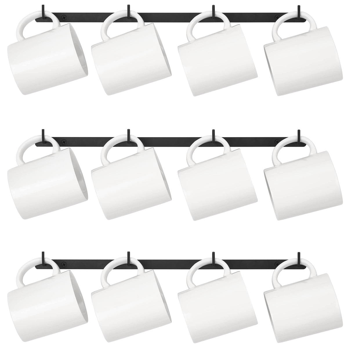 Dahey Metal Coffee Mug Rack Wall Mounted with 12 Mug Hooks, Set of 3, Mug Display Rack Cup Holder Storage for Kitchen Dining Room Coffee Bar, Black