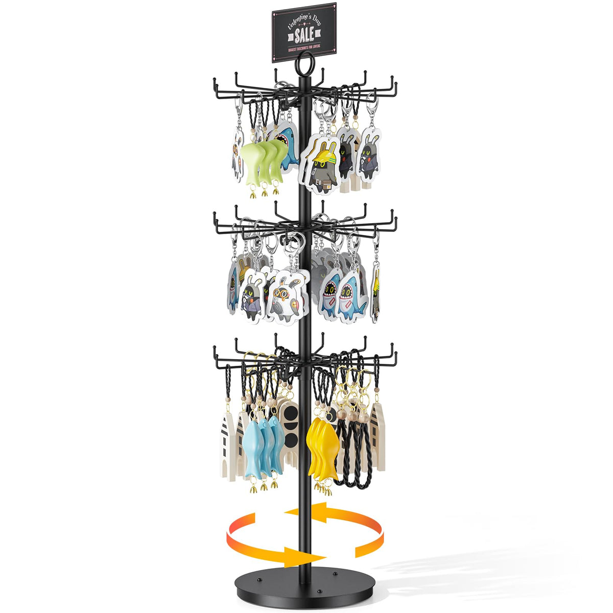 ORLESS 3 Tier Rotating Jewelry Display Stand, Keychain Display Stand with 36 Hooks, Black Metal Retail Display Spinning Holder for Vendor, Spinning Display Rack for Necklace Bracelet Earring Organizer