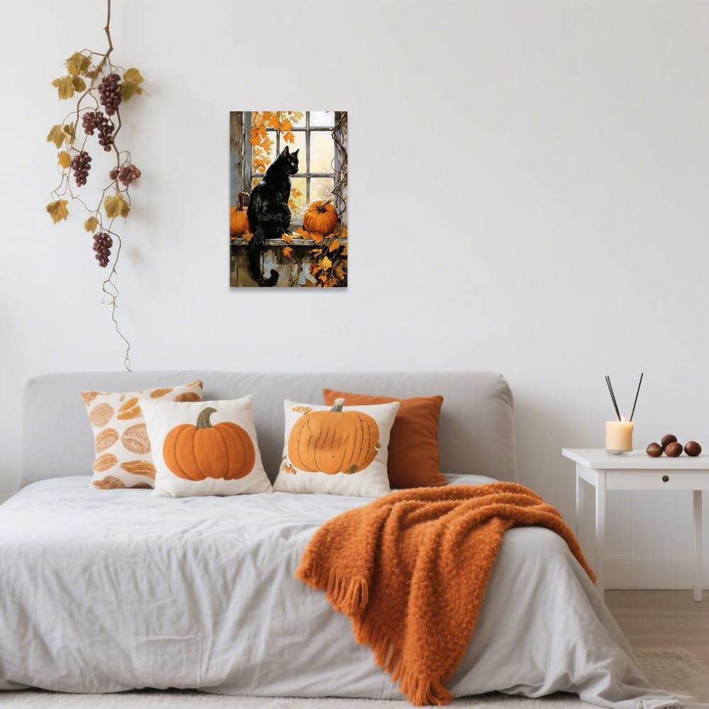CCWORKERRY Black Cat and Pumpkin Wall Art Framed Autumn Animal Canvas Prints Halloween Thanksgiving Day Pictures Fall Farmhouse Decor(Orange,12" x 18")