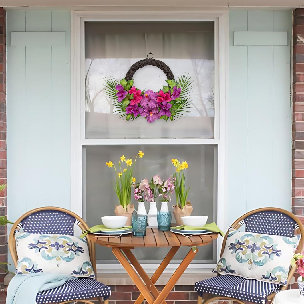 Briful Tropical Floral Wreath for Front Door, 19.6" Artificial Pink & Purple Hibiscus Flower Wreath with Palm Leaves, Summer Spring Wreaths for Wall Mantle Window Home Porch Decor