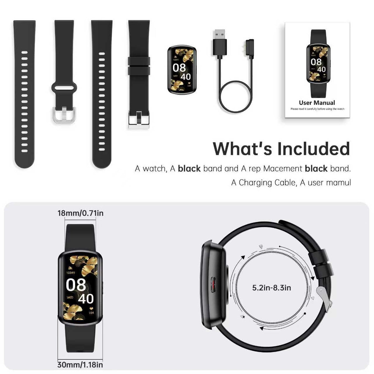 Health Fitness Tracker with 24/7 Heart Rate, Smart Watch with Blood Pressure and Blood Oxy-gen Monitor, Bulit-in 120+ Sport Mode, Waterproof Sleep Tracker for Women Men (Black)