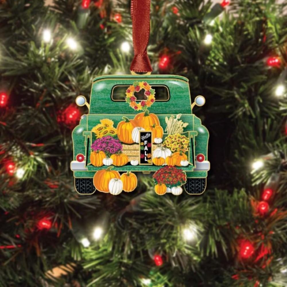 Beacon Design Truck with Pumpkins Hanging Ornaments - Autumn Tree Ornament, 100% Brass Pumpkin Keepsake Gift, Green and Orange Fall Decor, Shatterproof Christmas or Home Decorations, Made in USA