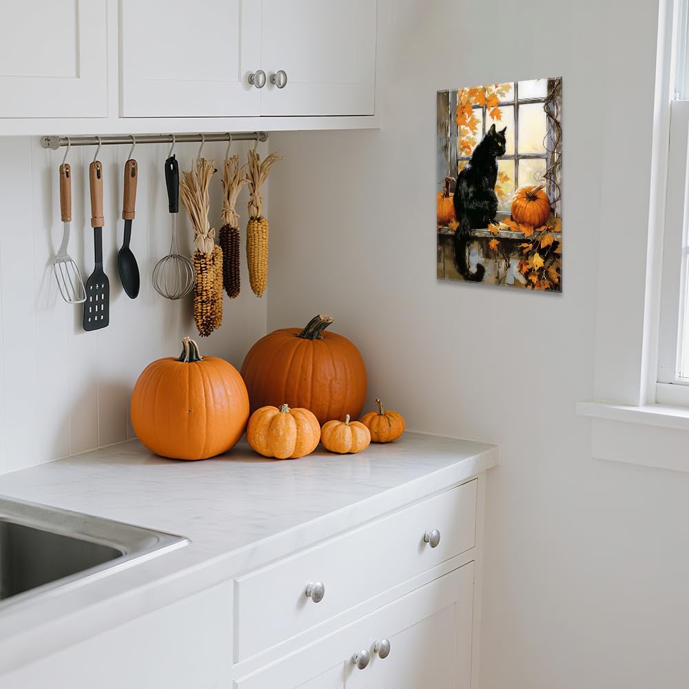 CCWORKERRY Black Cat and Pumpkin Wall Art Framed Autumn Animal Canvas Prints Halloween Thanksgiving Day Pictures Fall Farmhouse Decor(Orange,12" x 18")