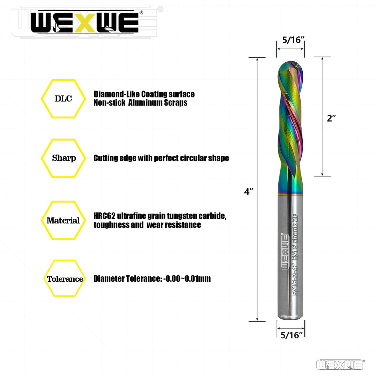 WEXWE Tools Extra Long Ball Nose Carbide End Mill, CNC Cutting Tools for Aluminum Cutting,Wood Cutting, More Wear Resistant, Suit for 3D Carving & Engraving. 2 Flute Router Bits (5/16-4" 1pcs
