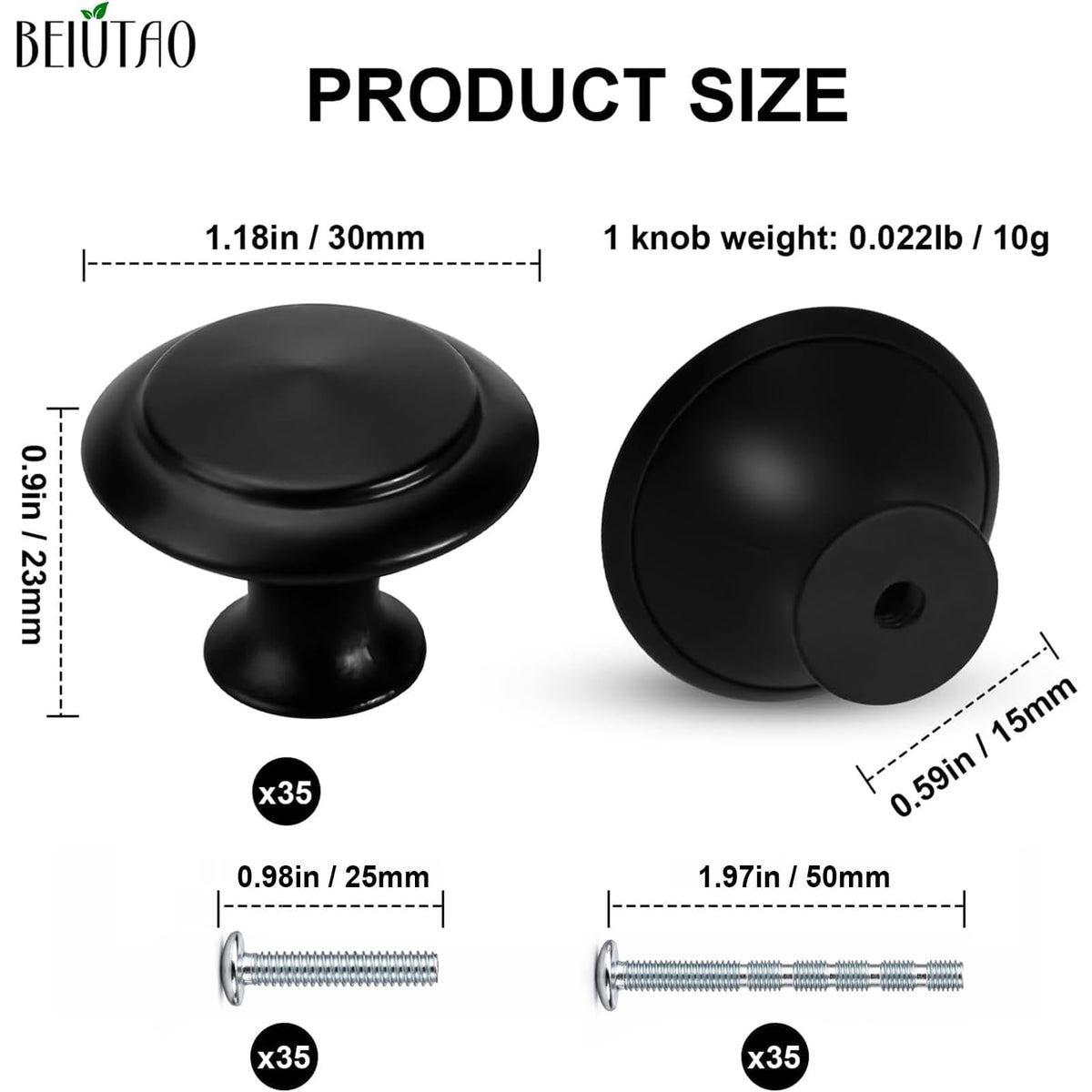 BEIUTAO 35 Pack Cabinet Knobs 1-1/4 Inch (30mm), Matte Black Round Drawer Knobs, Stainless Steel Top & Zinc Alloy Base Kitchen Cabinet Hardware for Dresser, Bathroom Cabinets (Screws Included)