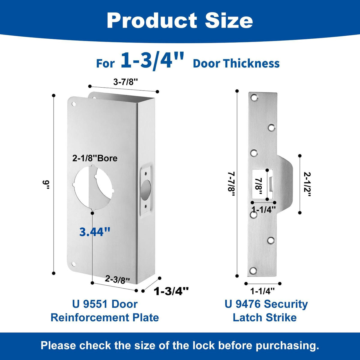 U 9551 Stainless Steel Lock and Door Reinforcement Plate fits 1-3/4"Thick Doors and Includes the U 9476 Security Latch Strike (1-1/4 "x 7-7/8").