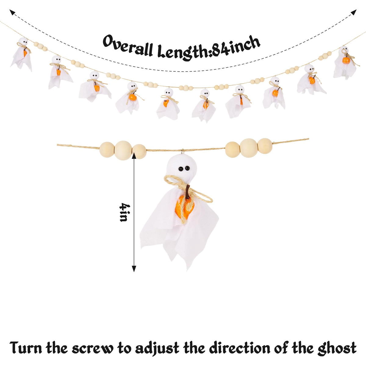 Cute Halloween Ghost with Wooden Beads Garlands, Handmade Rustic Halloween Banner for Wall Home Indoor Outdoor Spring Decor Supplies (Pumpkin)