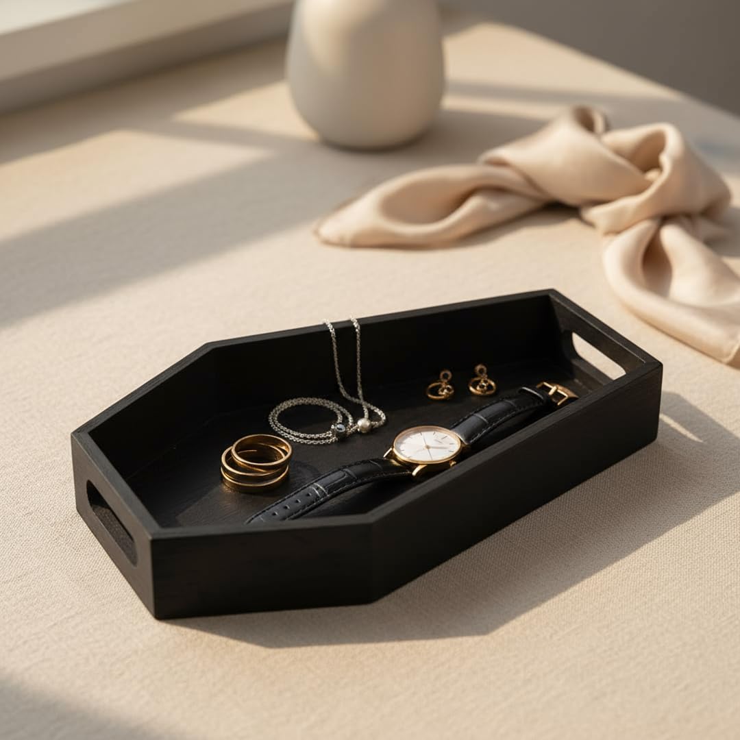 Art Secret Gothic Coffin Tray - Wooden Black Coffin-Shaped Storage Organizer for Desk, Vanity, Spooky Home Decor, Halloween Shelf Display, Goth Room Aesthetic (13")