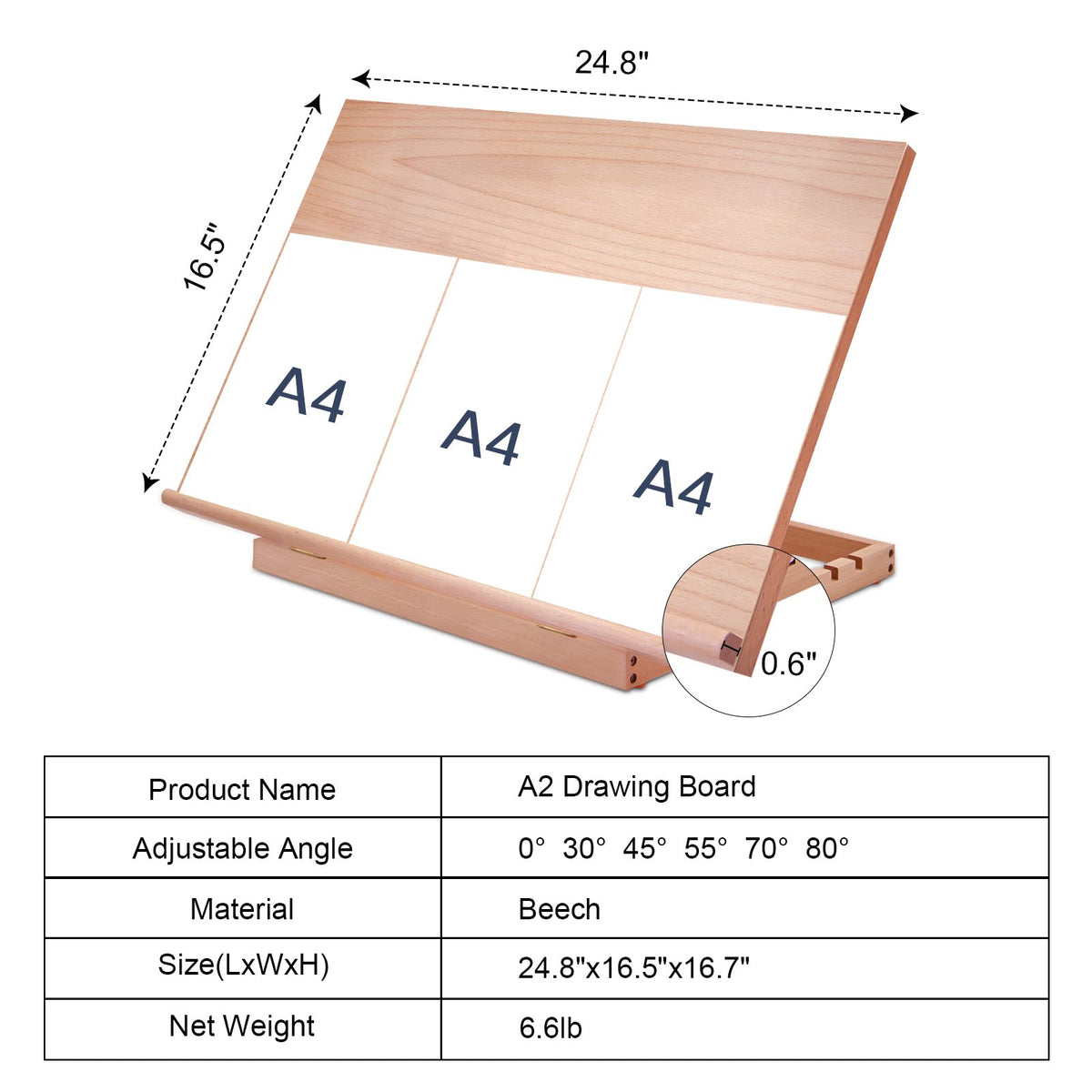 Large Artist Drawing & Sketching Board, 6-Position Adjustable Wood Drafting Table Easel, 24.8" L x 16.5" W (A2) Art Easel for Artist, Beginners, Students