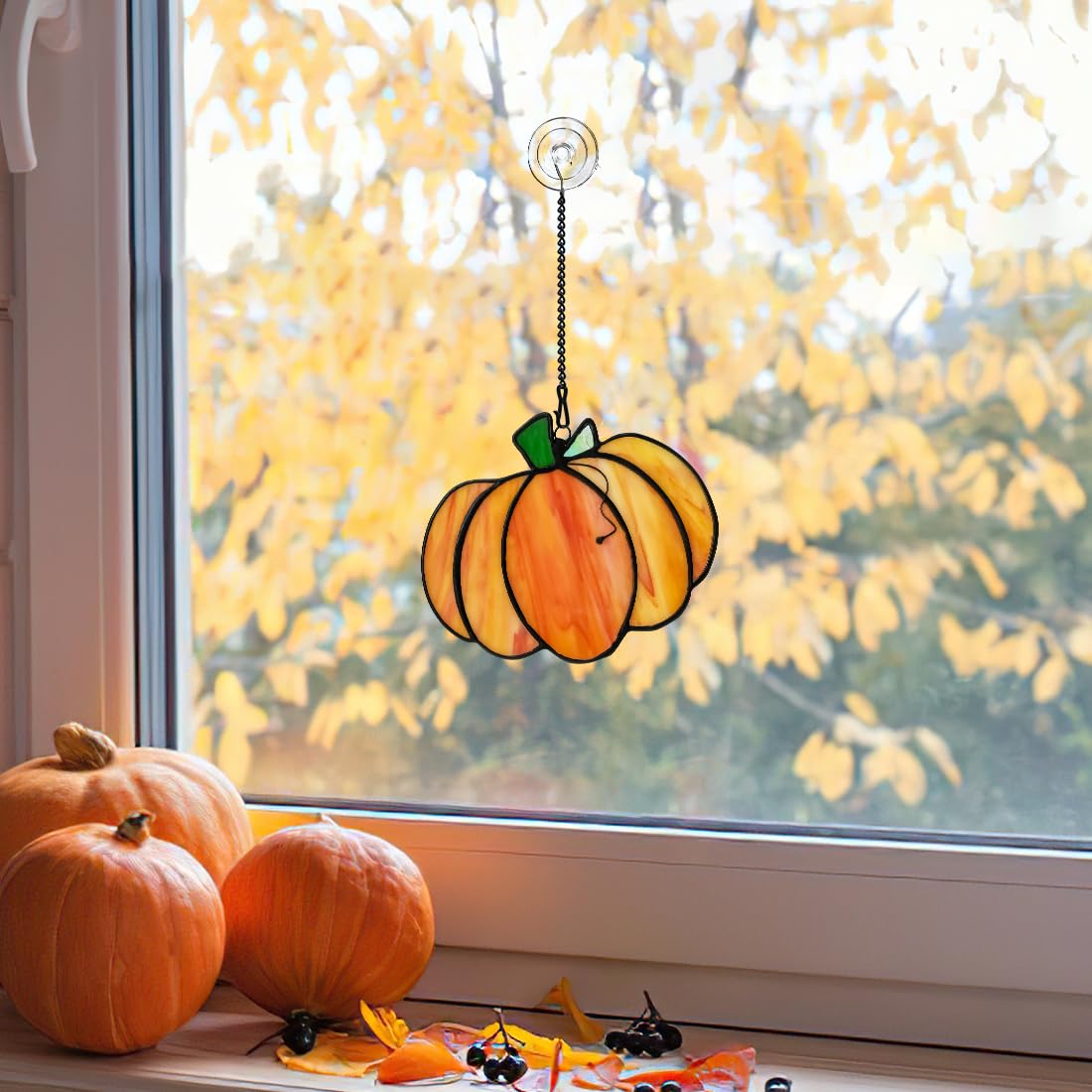 LITEPEDIA Pumpkin Decor Stained Glass Window Hanging,Autumn Decor Stained Glass Suncatcher for Window,Fall Pumpkin Gifts for Men Women Friend,Thankgiving Gift