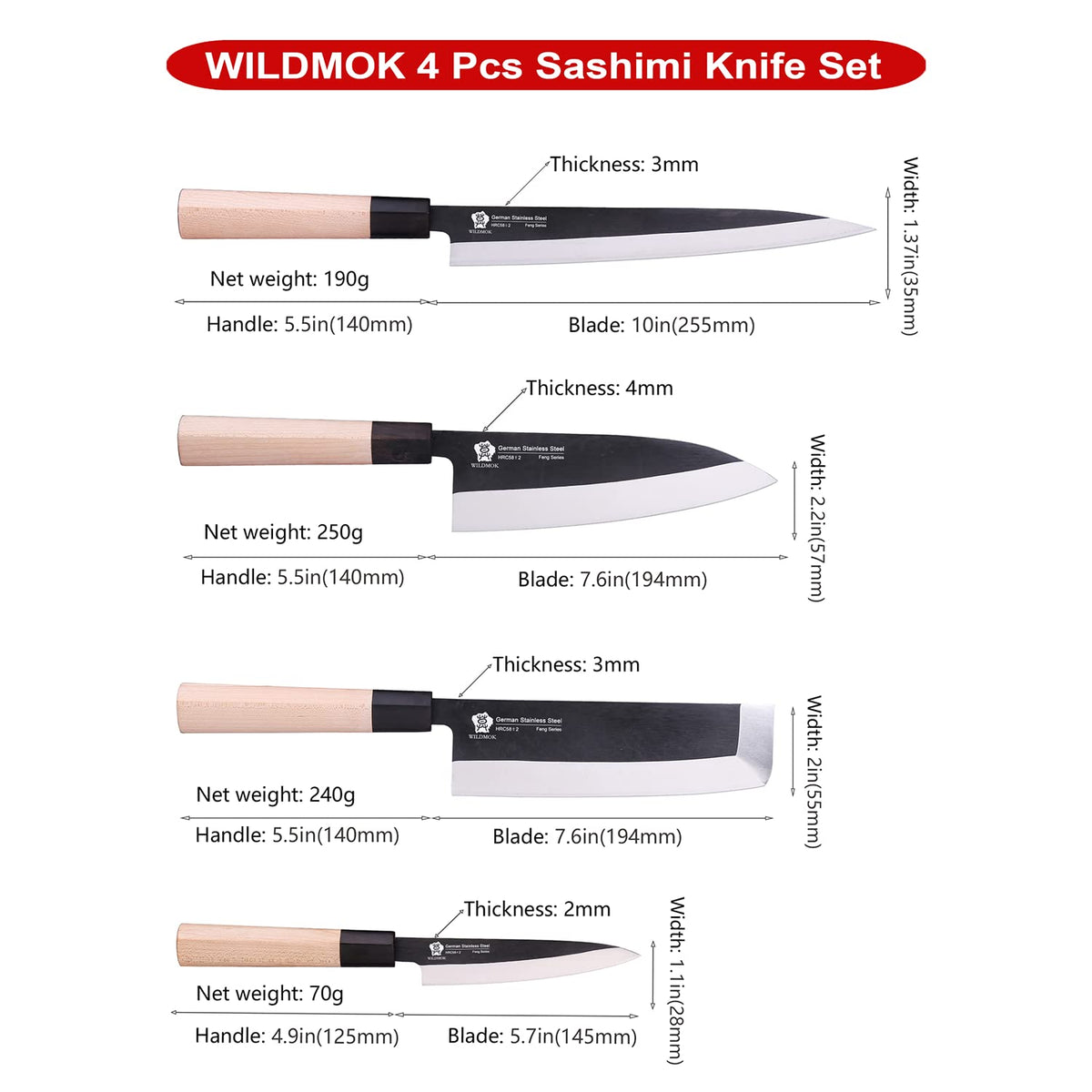WILDMOK Set of 4 GYUTO Sushi Chef Knives-Yanagiba-Deba-Nakiri-Utility Kitchen Knife, Fish Slicing Filleting Knife Sets with German Steel Blade & Traditional Wooden Handle