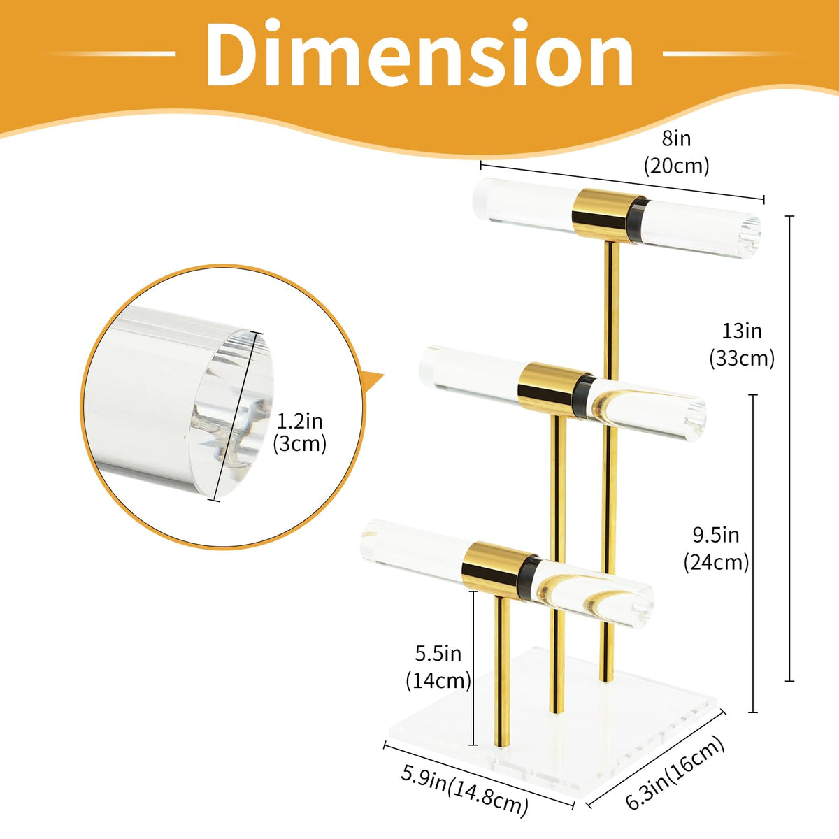 3 Tier Tangle-free Bracelet Display Stands, Acrylic T-Bar Jewelry Display Holder, Clear Gold Necklace Organizer with Stainless Rod, Women Men Vendors Retail Store Counter Jewelry Hanging Stand